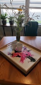 @Tery Society6 butterfly and pink lantana on wood serving tray