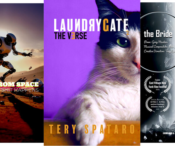 2025 Annual Creative Report featuring Beyond Darkness Poster, Tales from Space poster, Book cover for Laundrygate the Verse, the Bride poster, and Perfect Code poster