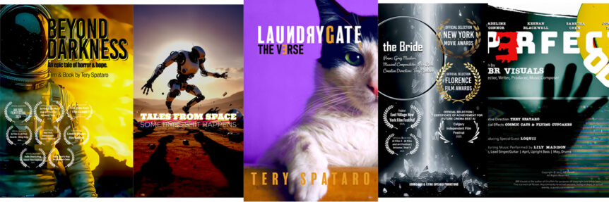 2025 Annual Creative Report featuring Beyond Darkness Poster, Tales from Space poster, Book cover for Laundrygate the Verse, the Bride poster, and Perfect Code poster