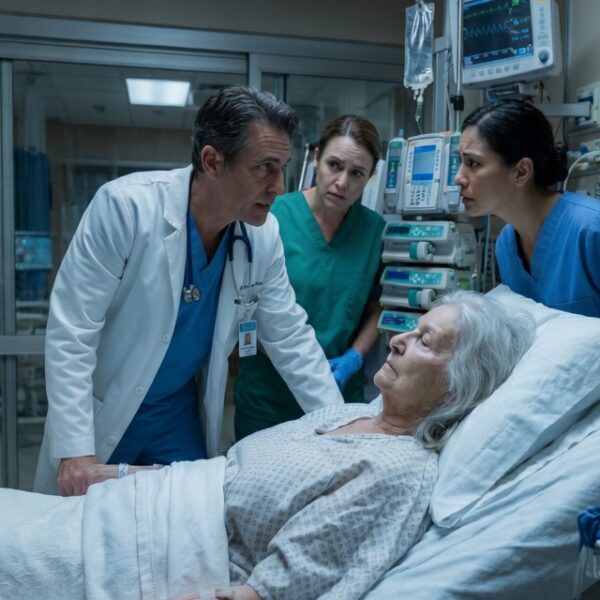 A tense hospital room scene shows an elderly woman lying in a bed while a doctor and two nurses lean in close beside her, speaking urgently. Medical monitors, IV pumps, and hospital equipment surround the bed, adding to the sense of drama and concern.