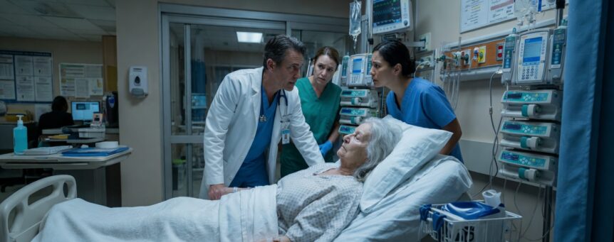 A tense hospital room scene shows an elderly woman lying in a bed while a doctor and two nurses lean in close beside her, speaking urgently. Medical monitors, IV pumps, and hospital equipment surround the bed, adding to the sense of drama and concern.
