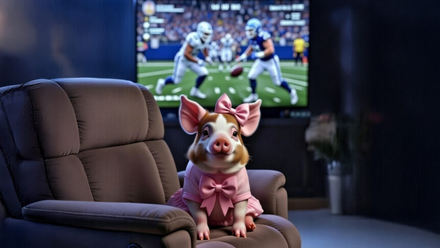 Gertrude the pink pig watching the Super Bowl 2026 game