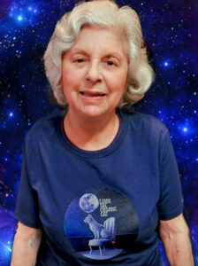 Joyce Spataro wearing Lukie the Cosmic CatTee