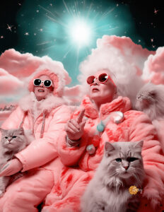 Pink Roaring Ladies Celebrating Winter Solstice with Pink Cats by Tery Spataro