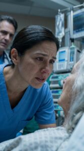 A close-up in a hospital room shows a tearful nurse in blue scrubs leaning over an elderly woman in bed, speaking to her with deep emotion, while a doctor stands blurred in the background near medical monitors and IV equipment.